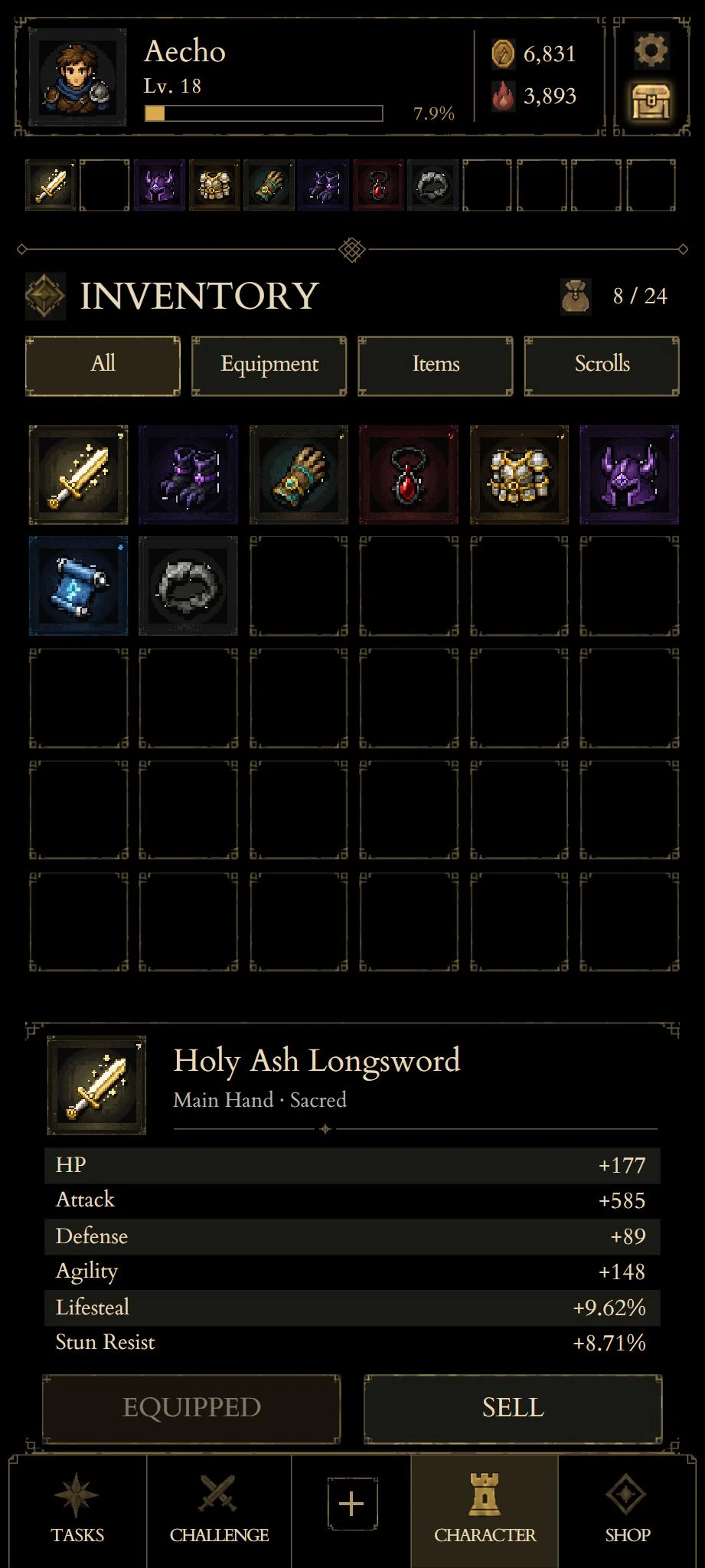 Character equipment and inventory in Habit Dungeon